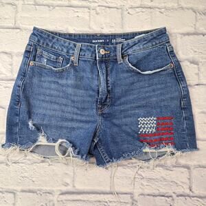 Old Navy Women's Denim Shorts High Rise OG Strait Embroidered American Flag sz 8